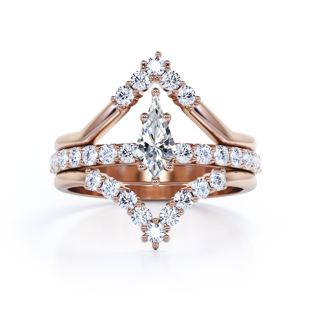 Art deco chevron 0.85 carat Kite shaped Moissanite and diamond pave set trio wedding ring set in Yellow gold