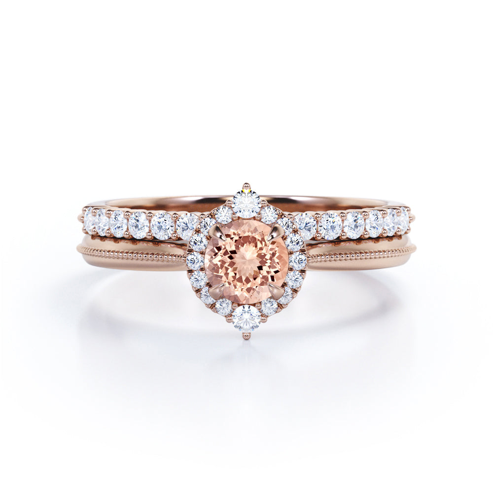 Distinctive halo 1.45 carat Round cut Pink Morganite and diamond Milgrain border engagement ring and bar set wedding band - Bridal wedding set