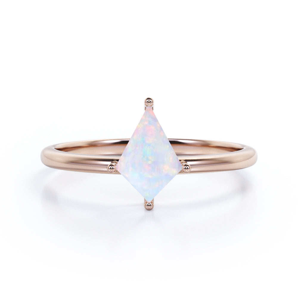 Classic 4 prong 1 carat Kite cut Ethiopian Opal solitaire engagement ring in Black gold
