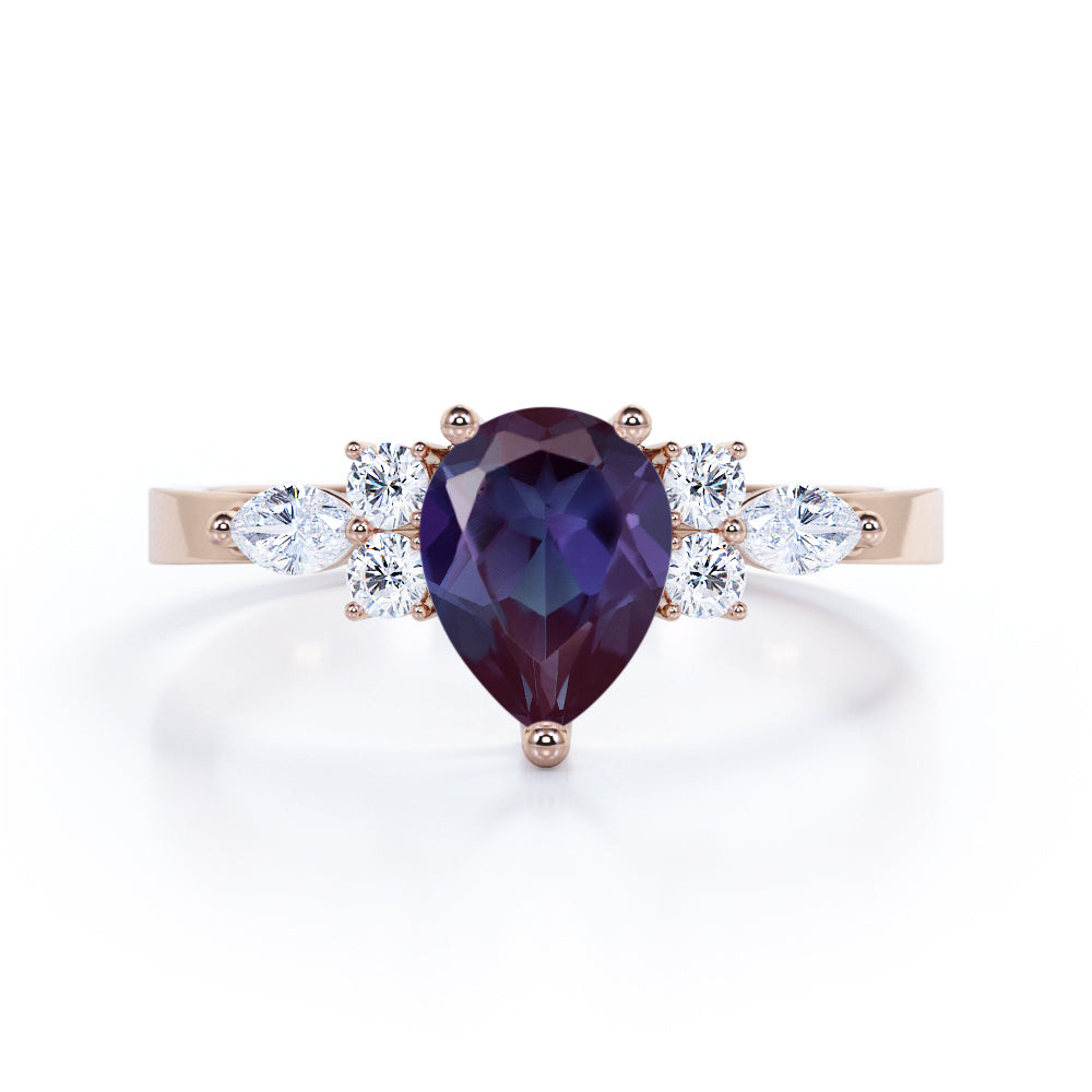 Modern Seven stones 1.15 carat Pear cut Lab created Alexandrite and diamond marquise and dot engagement ring in White gold