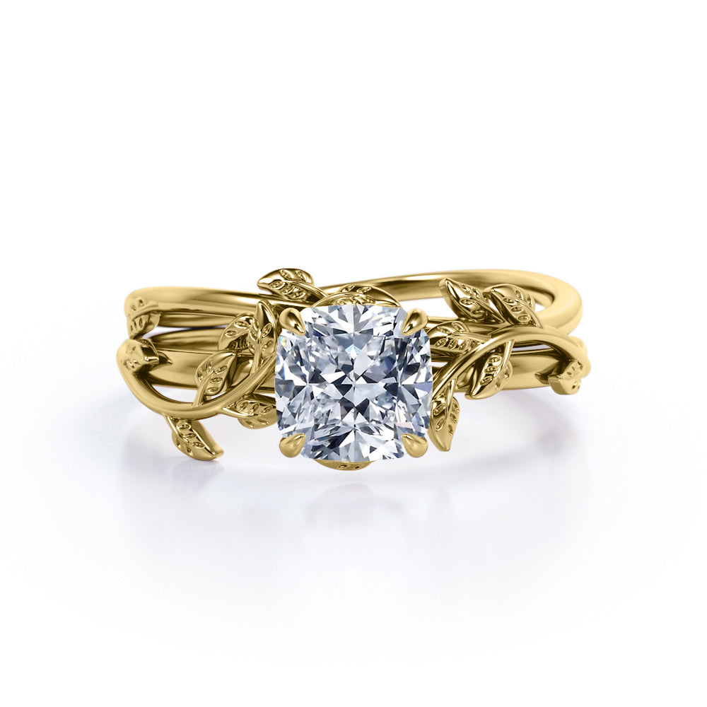 Twist Branch design 1 carat cushion cut Moissanite leaf wedding ring set in White gold