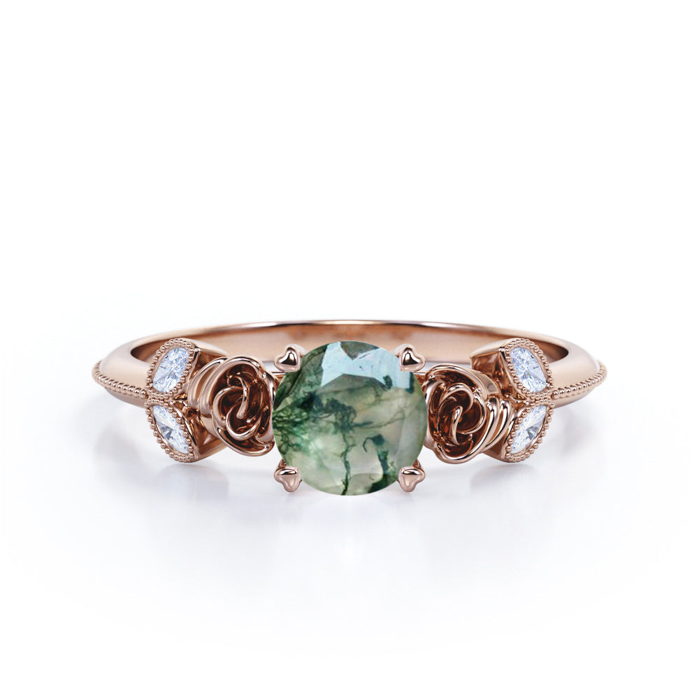 Rose ring-1.15 carat Round cut Moss Green Agate and diamond marquise milgrain engagement ring in Black gold