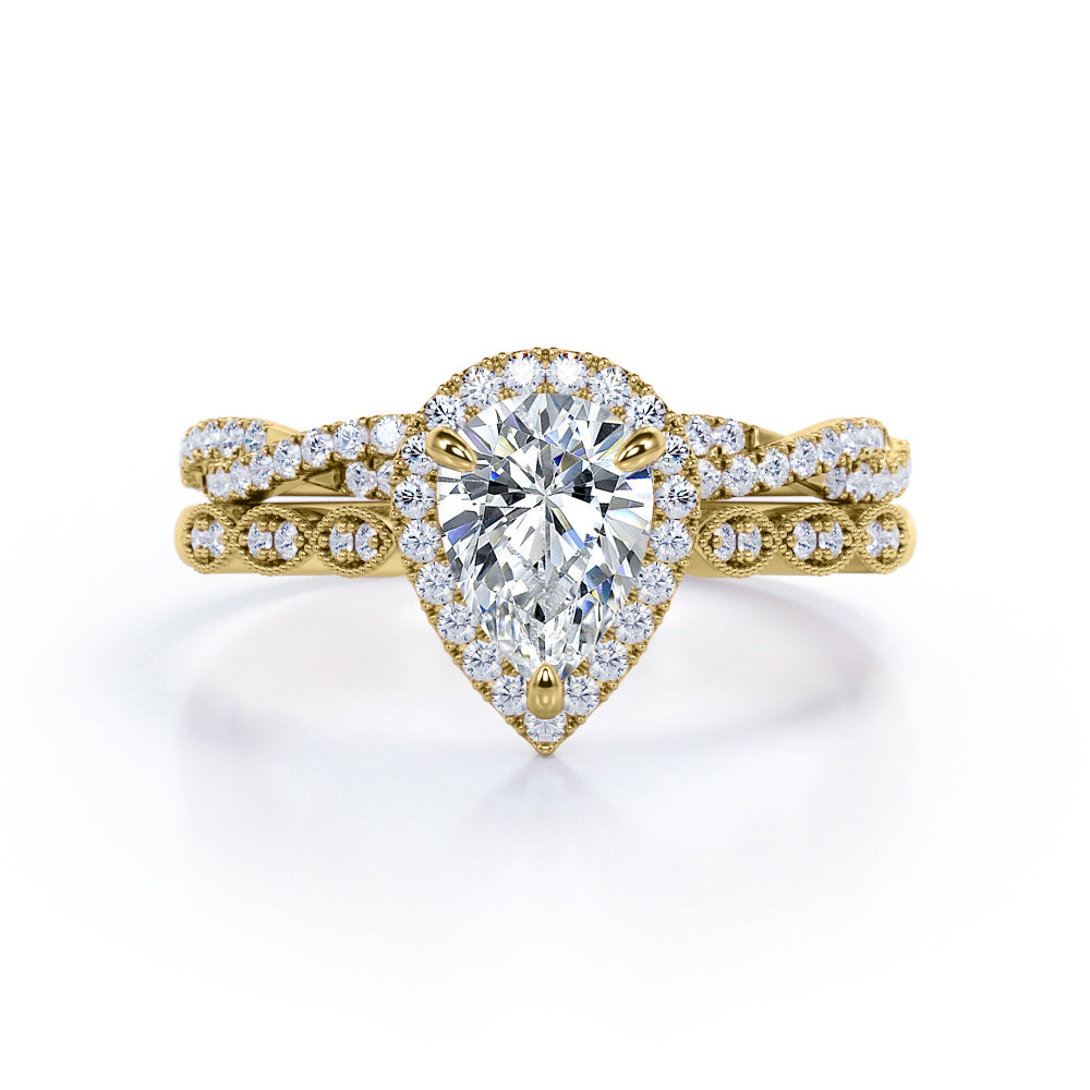 Milgrain Edge 1.60 carat pear shaped moissanite and diamond vintage infinity ring set in White gold- wedding ring set