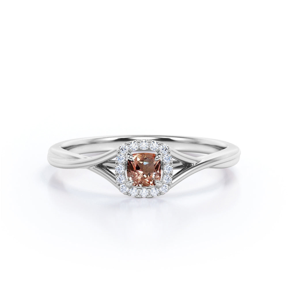 Art Deco Twisted Shank 0.65 carat Cushion cut Peach Morganite and diamond halo engagement ring in Rose gold