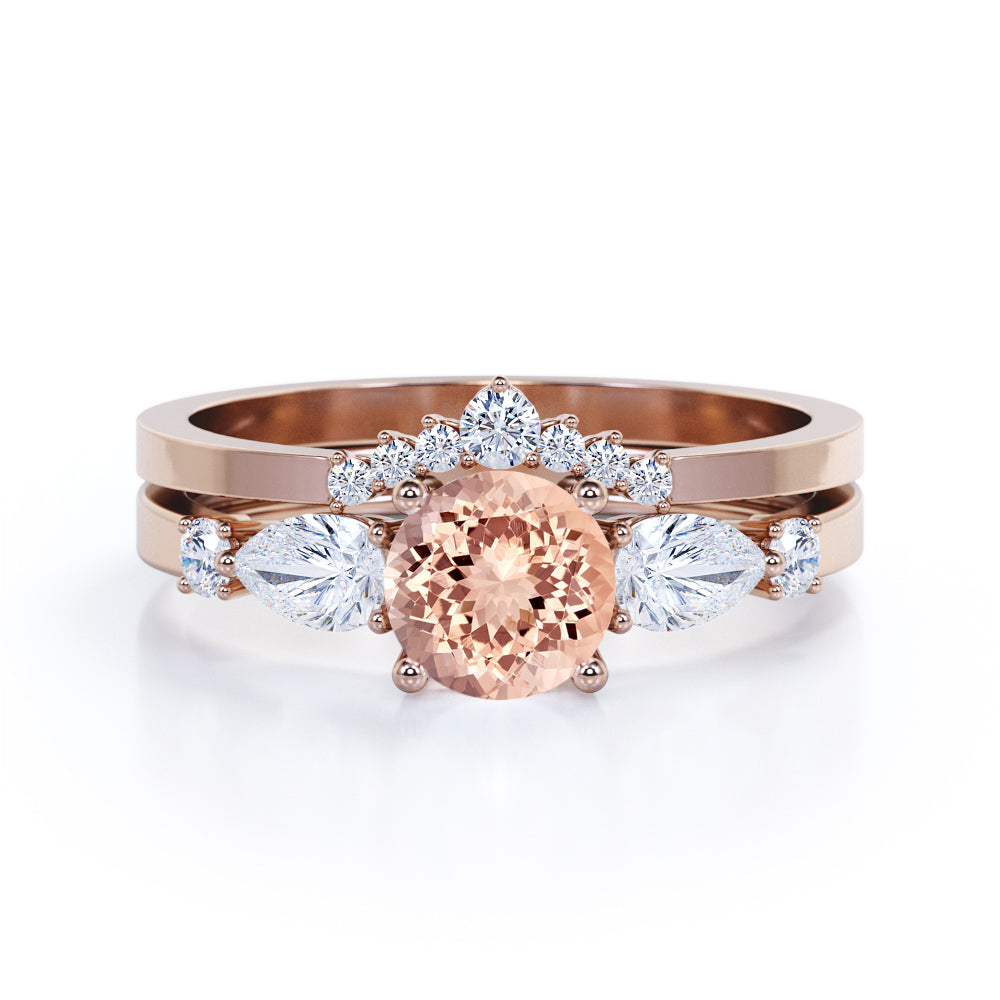 Modern Crown 1.35 carat Round cut Peach pink Morganite and diamond wedding ring set for her in Black gold