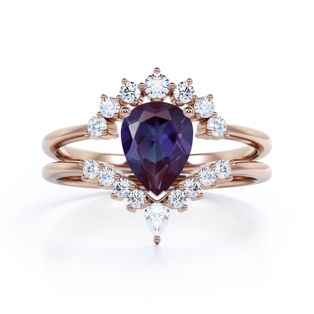 Elegant Vintage inspired 1.25 carat Pear shaped Lab made Alexandrite and diamond bridal set for women in Black gold