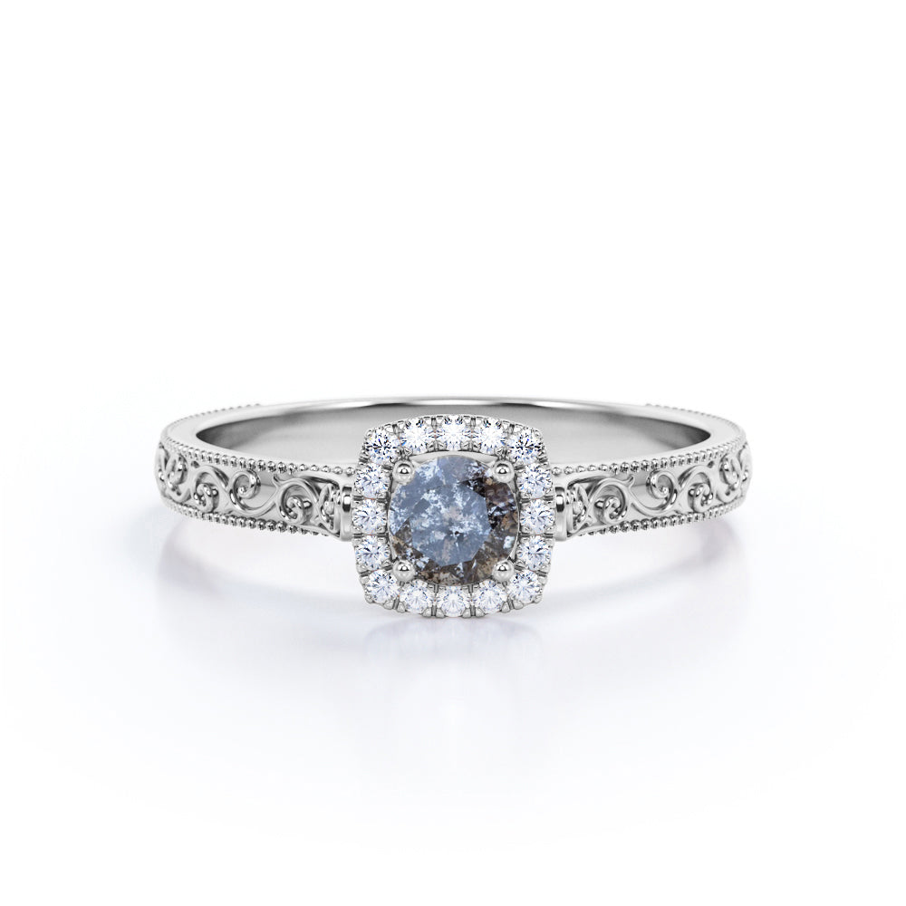 Victorian halo 0.65 carat Round cut Salt and pepper diamond and White diamond anniversary ring for her in yellow gold