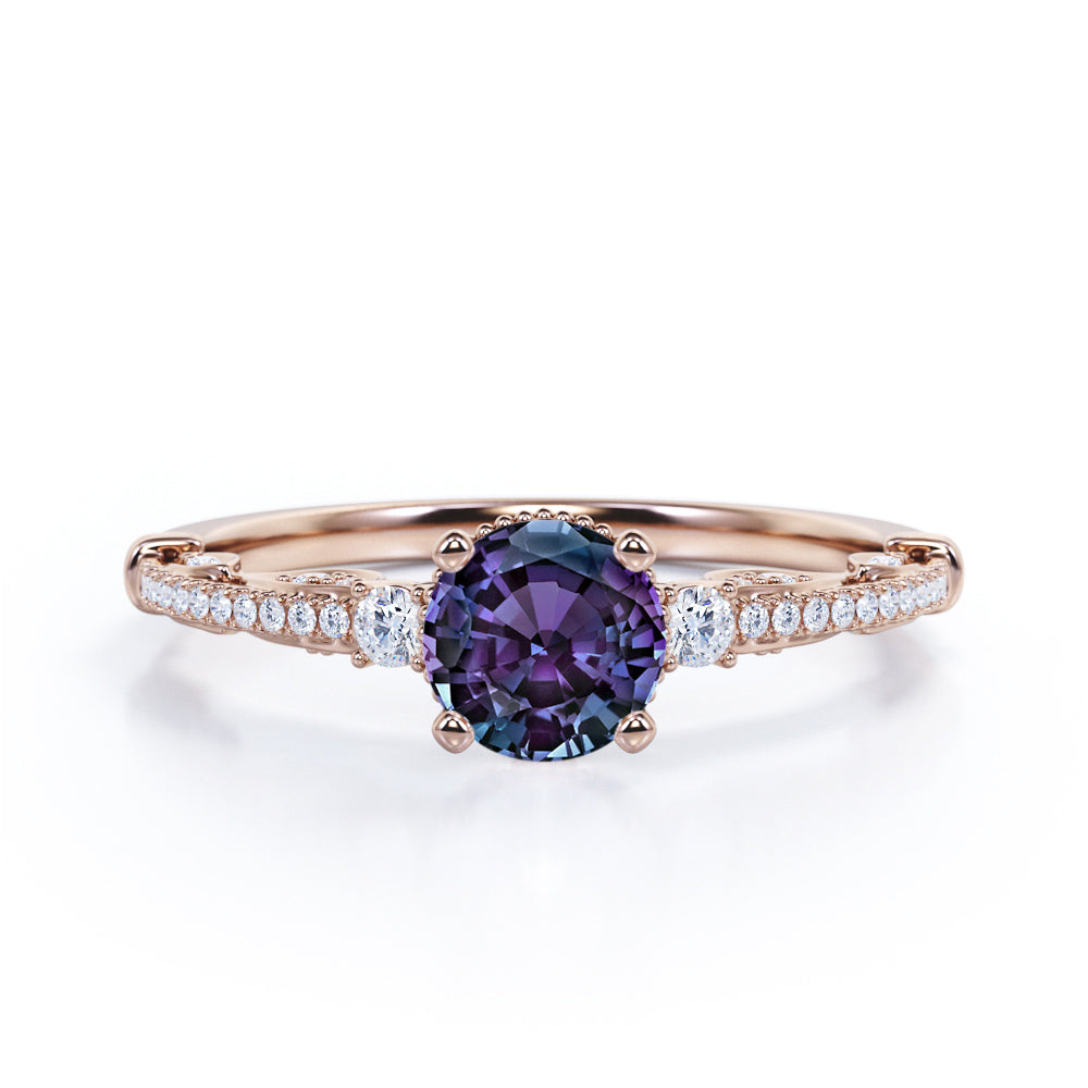 Authentic Scrollwork 1.35 carat Round cut Lab made Alexandrite and diamond eternity engagement ring in Black gold
