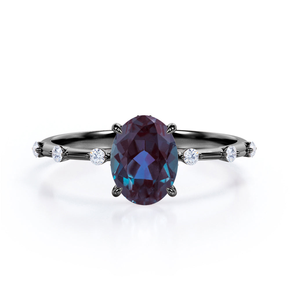 Twig style 1.1 carat Oval shaped Lab made Alexandrite and diamond nature inspired engagement ring in Black gold