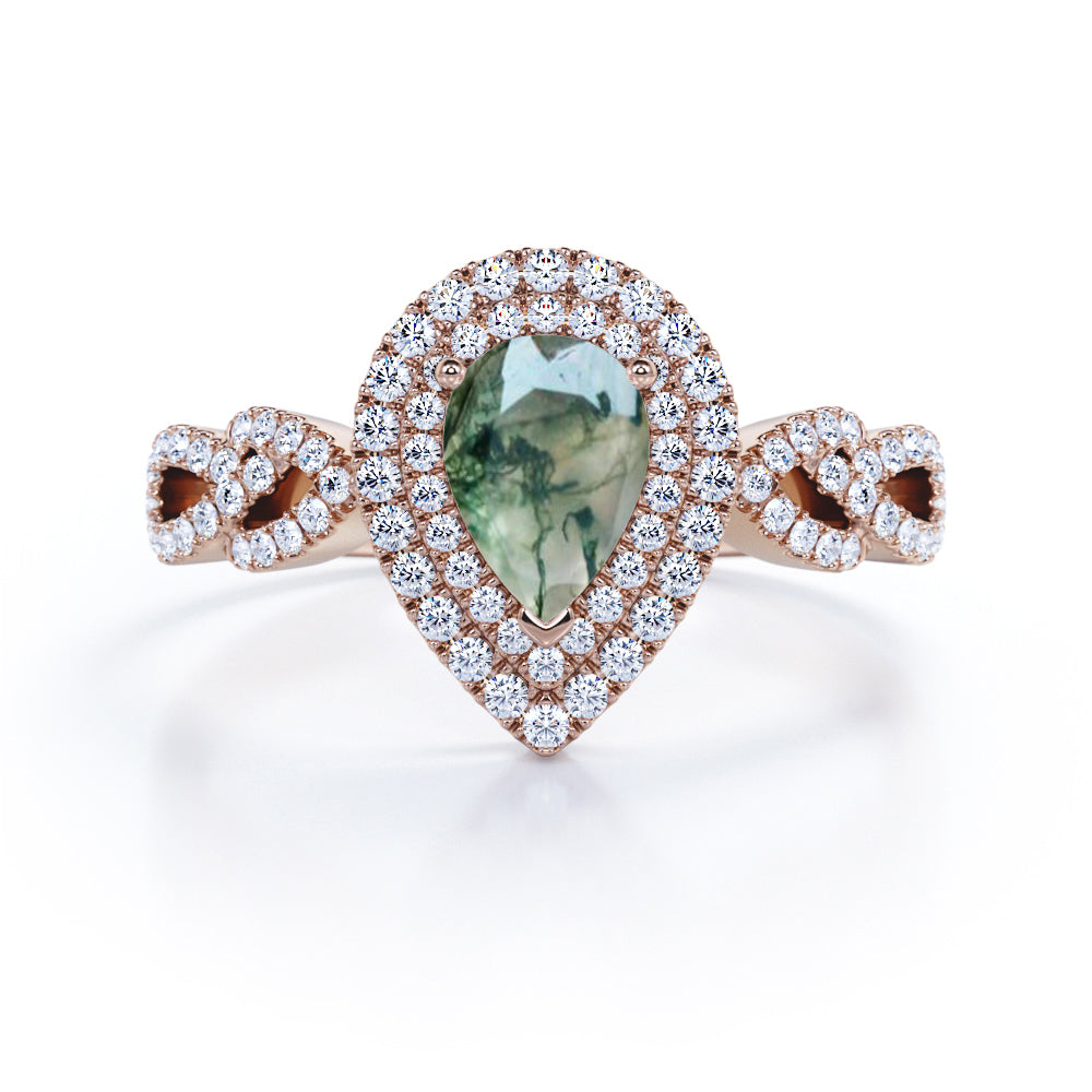 Floral infinity 1.7 carat Pear cut Moss Green Agate and diamond double halo engagement ring in White gold