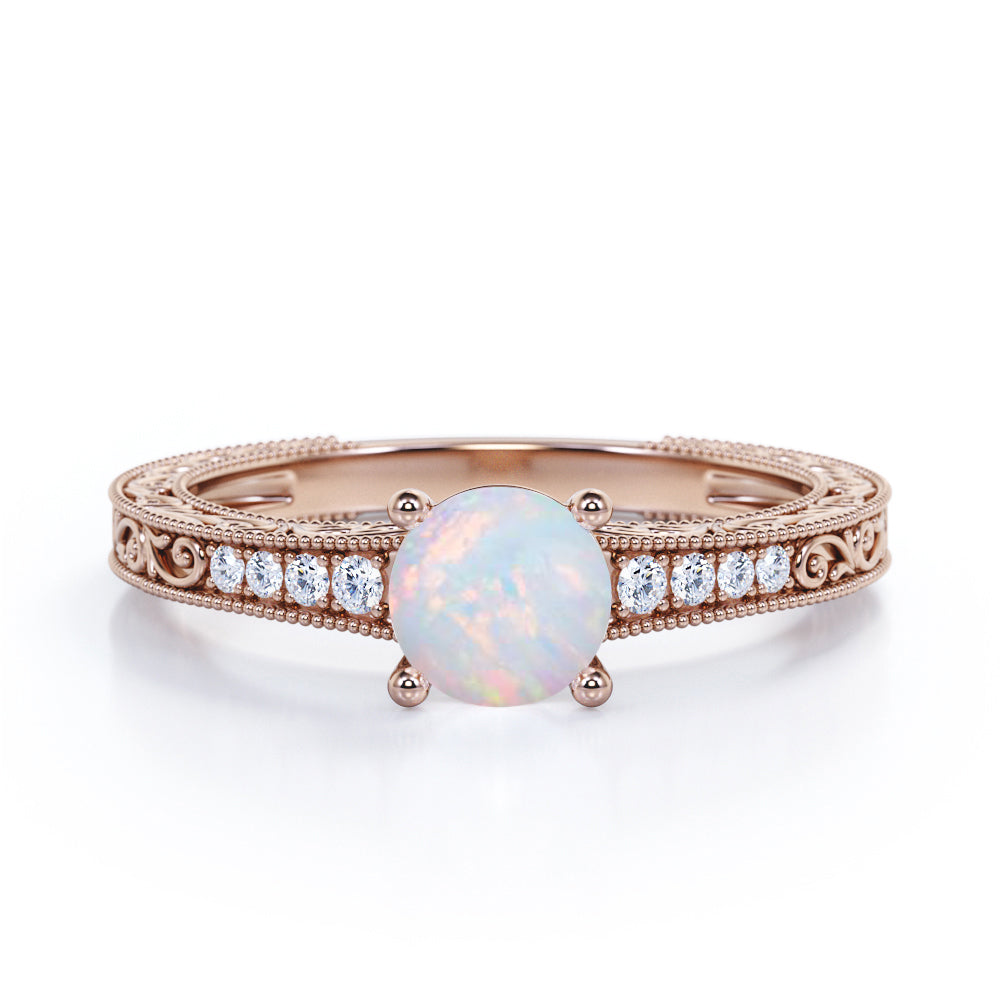 Vintage Edwardian style 1.1 carat Round cut Australian Boulder Opal and diamond filigree and milgrain engagement ring in White gold