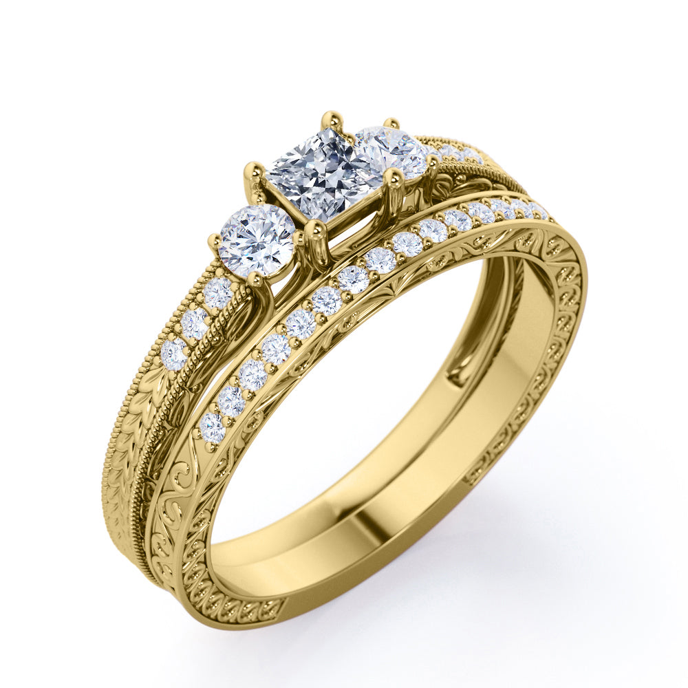 Exquisite trilogy 1.2 carat Princess cut Moissanite and diamond antique filigree wedding ring set for her - Bridal set