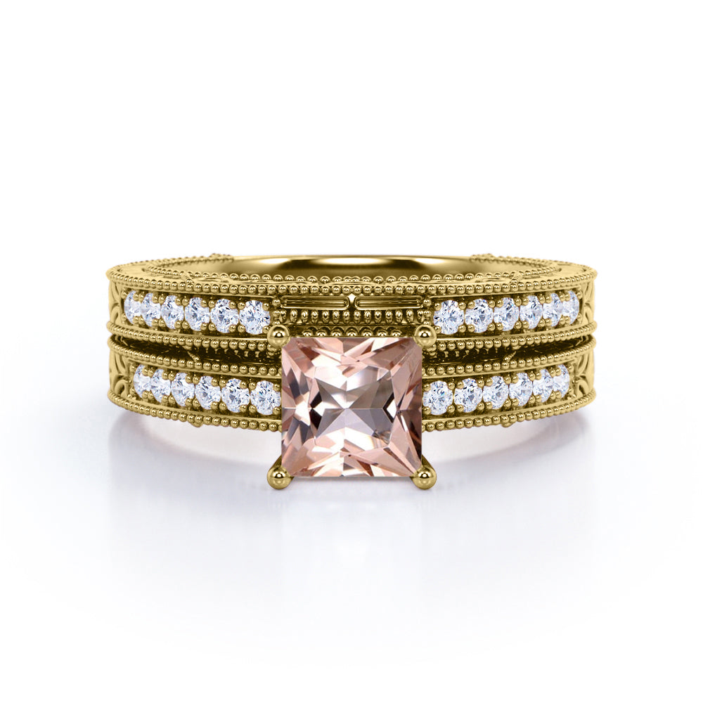 Milgrain Edge 1.25 carat Princess cut Morganite and diamond edwardian art deco engagement rings set-wedding ring set for her