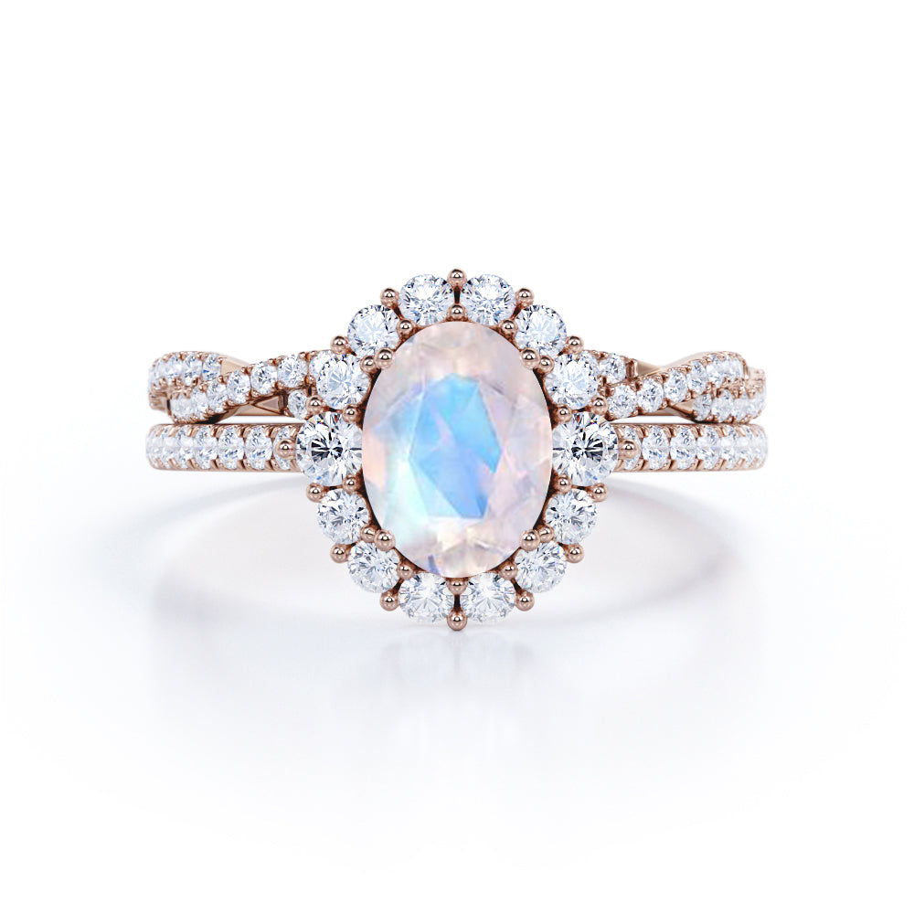 Cluster Halo 1.75 carat Oval cut Moonstone and Diamond Vintage Bridal set for women