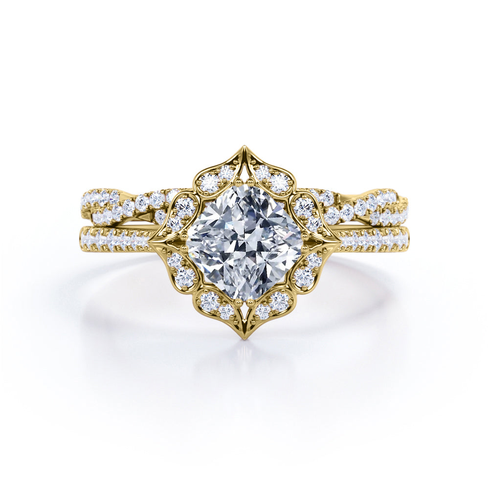 Cluster halo 1.6 carat Cushion cut moissanite and diamond pave wedding ring set in Whit gold