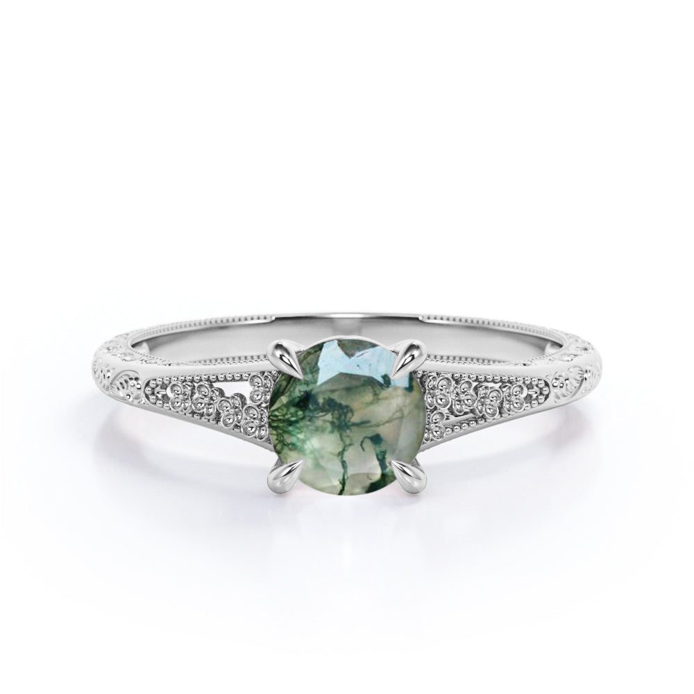 Milgrain Split Shank 1 carat Round cut Moss Green Agate-floral filigree-nature inspired engagement ring in Rose gold