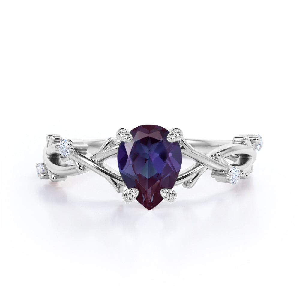 Modern Floral Branches 1 carat Pear shaped Alexandrite and diamond engagement ring for women in Black gold