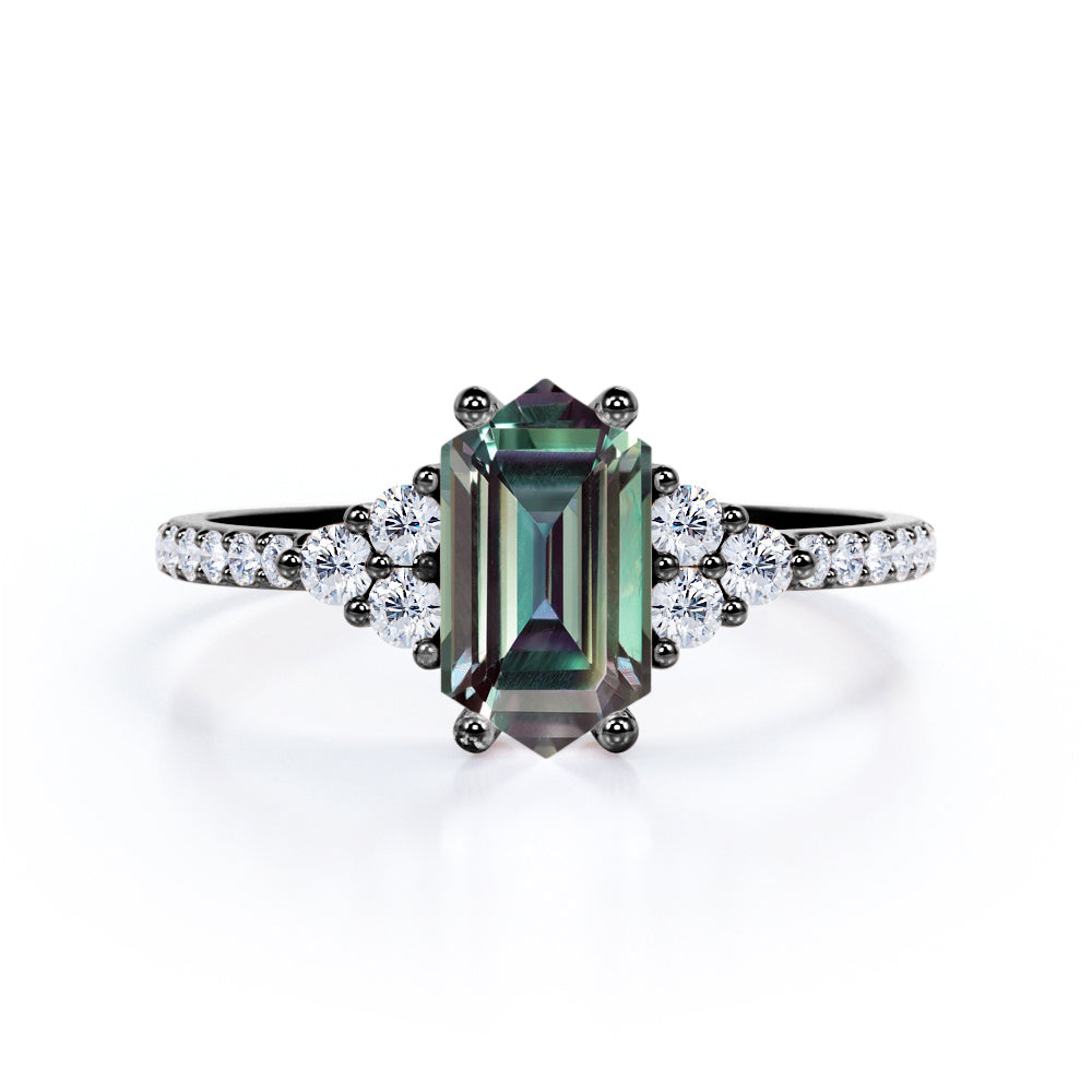 Eternity Pave 1.5 carat Hexagon cut Alexandrite and diamond vintage inspired engagement ring in Rose gold