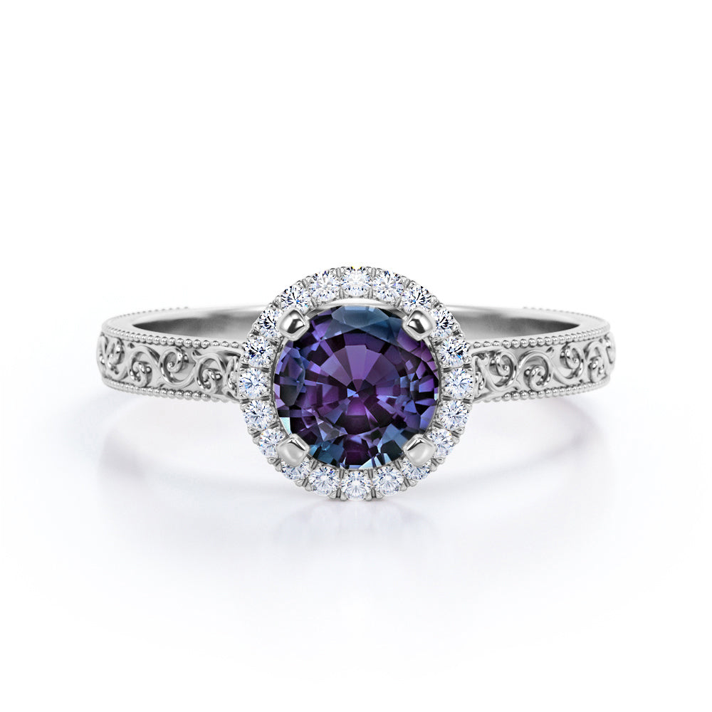 Artistic art deco 1.25 carat Round cut Alexandrite and diamond filigree and milgrain engagement ring in Black gold