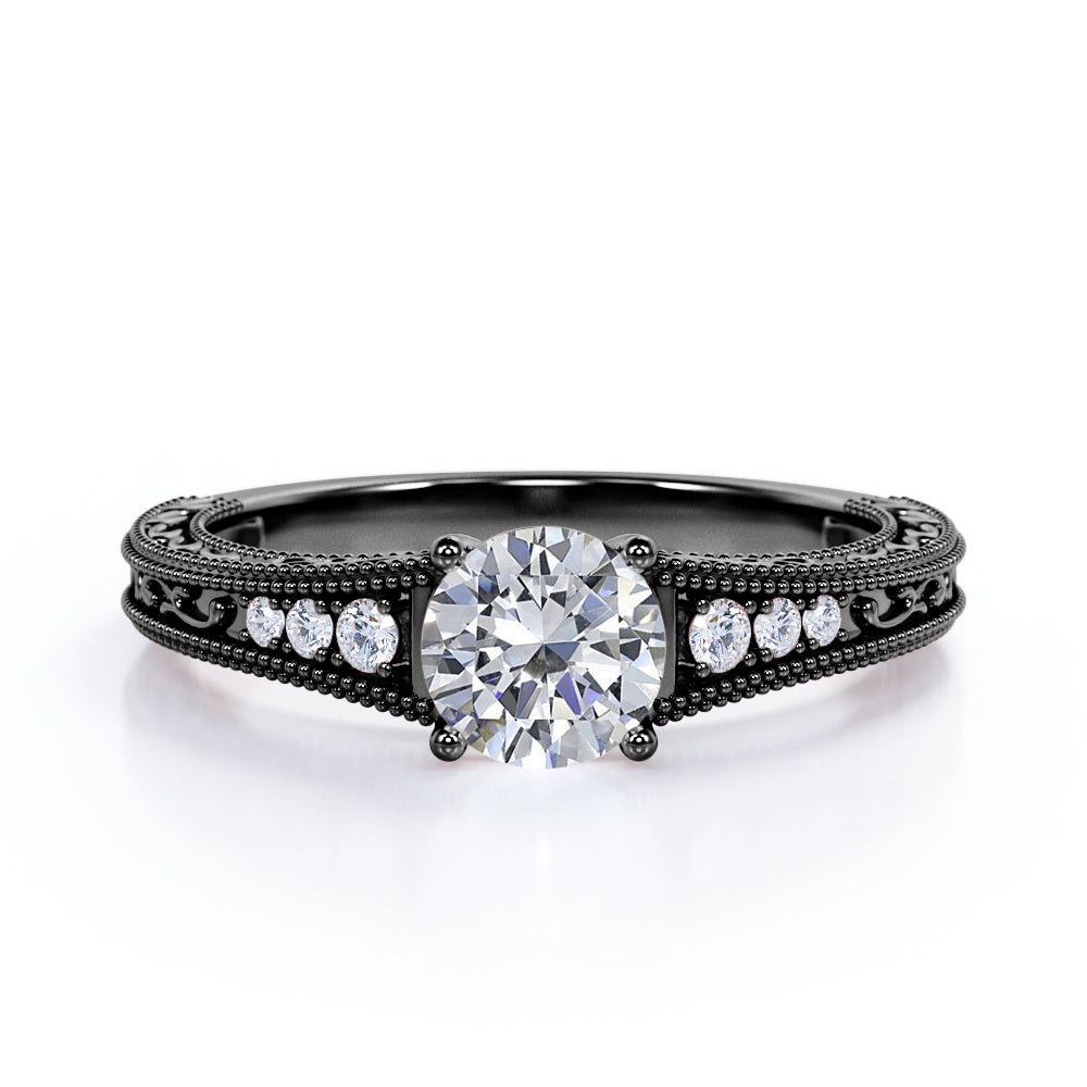 Vintage Tapered style 1.1 carat Round cut Moissanite and diamond Edwardian filigree engagement ring in rose gold
