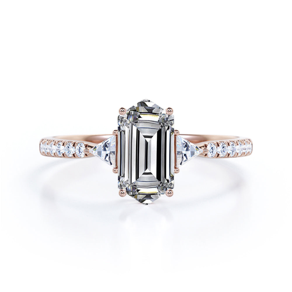 Trillion trinity 1.25 carat Hexagonal Moissanite and diamond 4 prong engagement ring in White gold