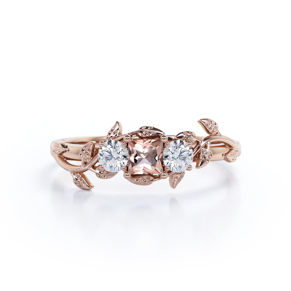 Tristone 1.1 carat Princess cut Morganite and round pave diamonds tree branch engagement ring in White gold