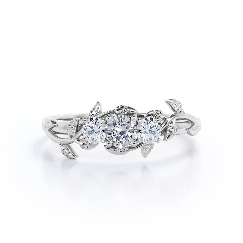 Eccentric Vine and leaf 0.75 carat round cut Moissanite and diamond 3 stone flower ring in White gold- Engagement ring