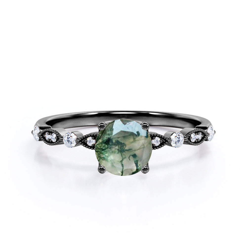 Classic art deco 1.1 carat Round cut Moss Green Agate and diamond engagement ring in White gold