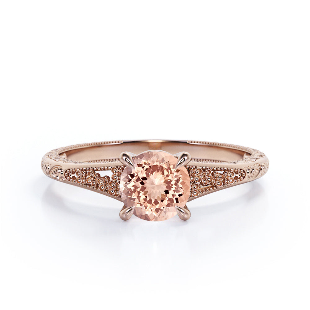 Filigree Split Shank 1 carat Round cut Pink Morganite nature inspired engagement ring in White gold
