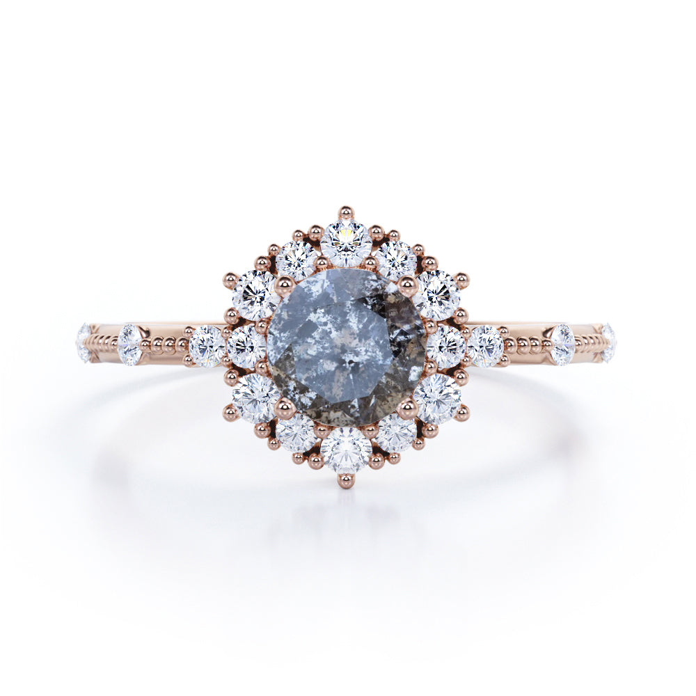 Floral Cluster 0.85 carat Round cut Salt and pepper diamond and White diamond beaded engagement ring in White gold