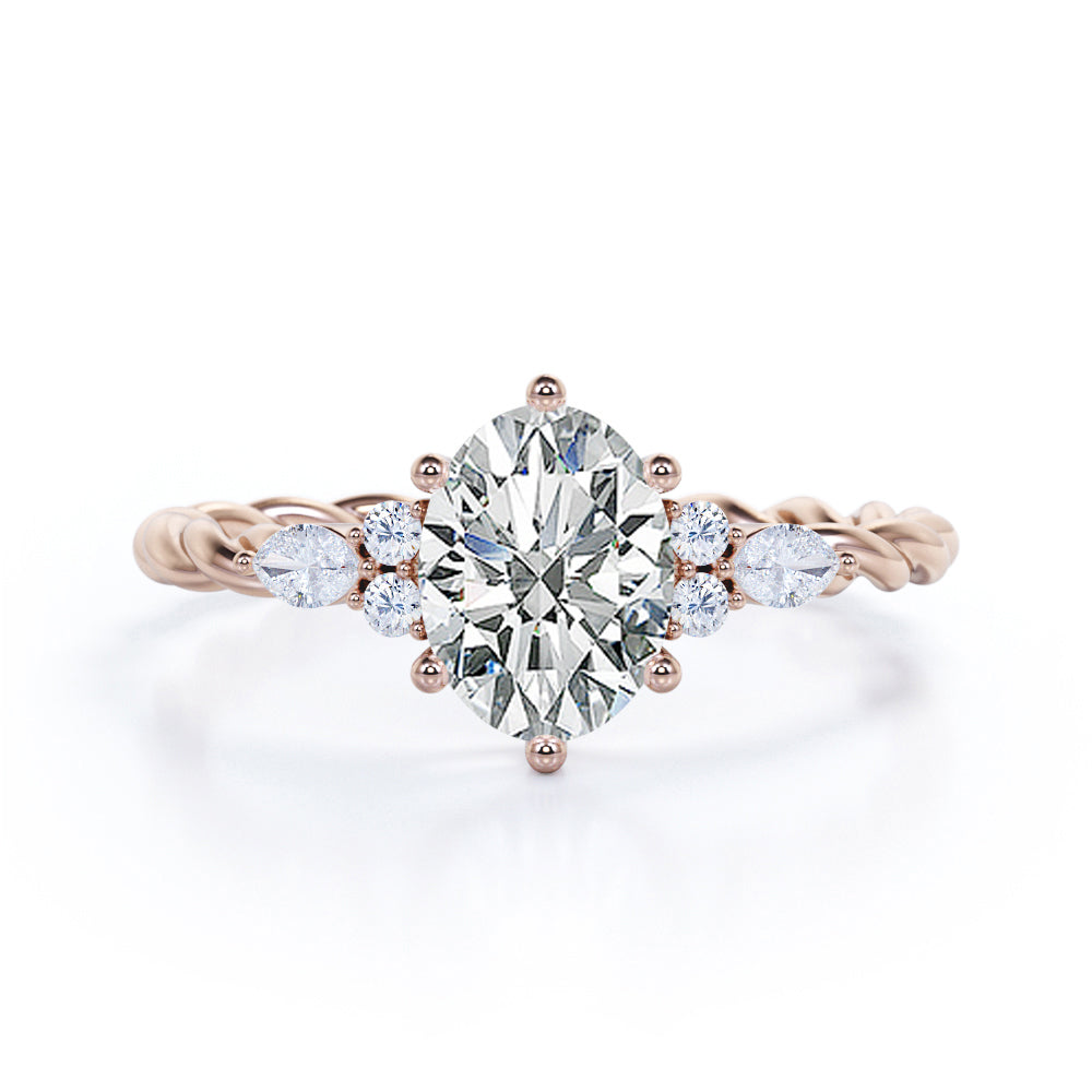 Twisted Rope style 1 carat Oval shaped Moissanite and diamonds 6 prong engagement ring White gold