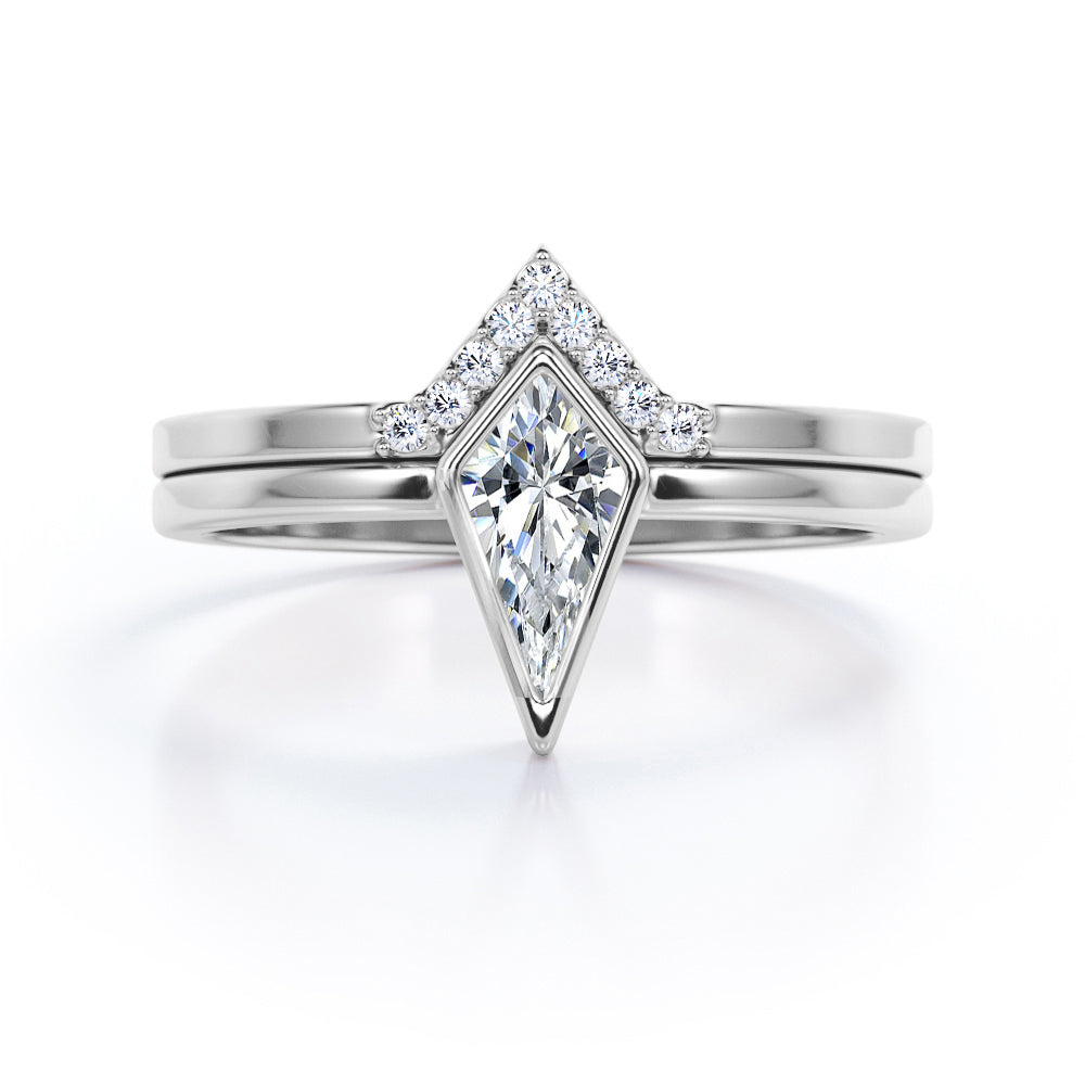 Chevron Bezel 1.1 Carat Kite shaped Moissanite and diamond bridal set for women in White gold