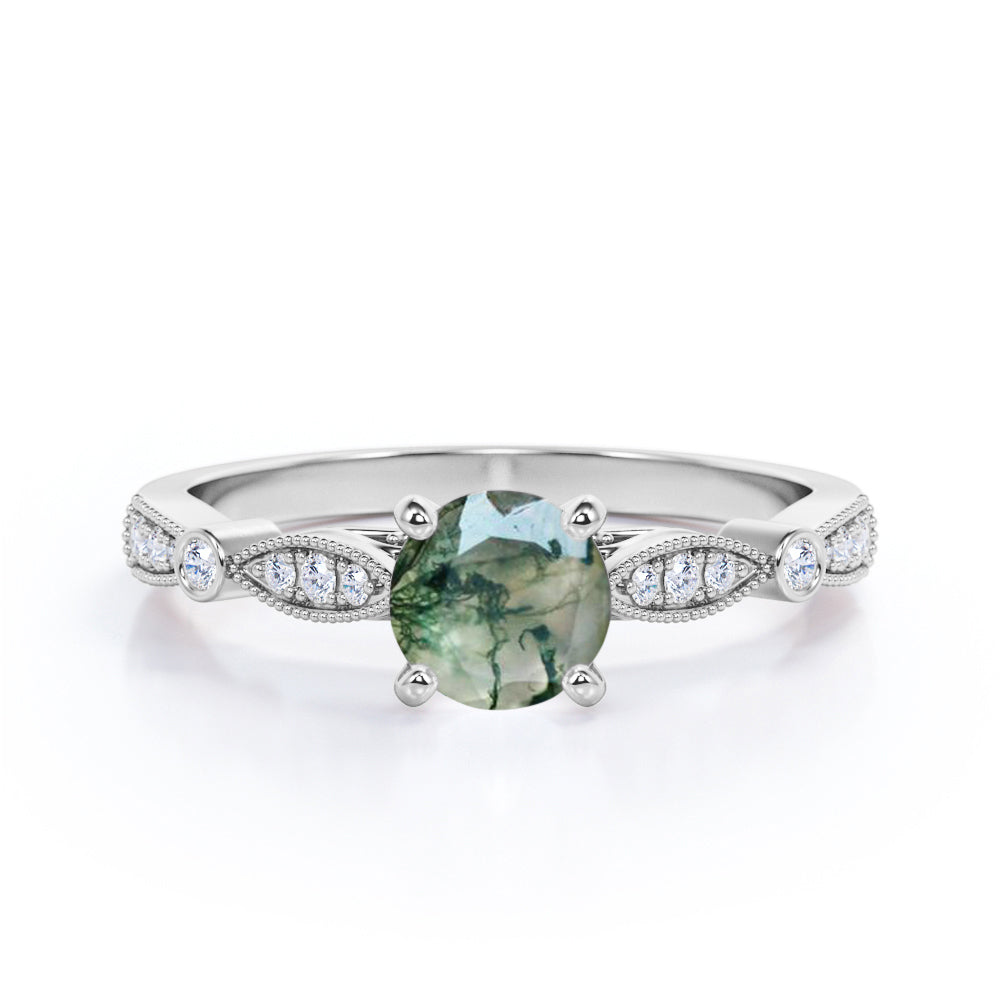 Art deco Cathedral 1.2 carat Round cut Moss Green Agate and diamond bead décor engagement ring in Rose gold
