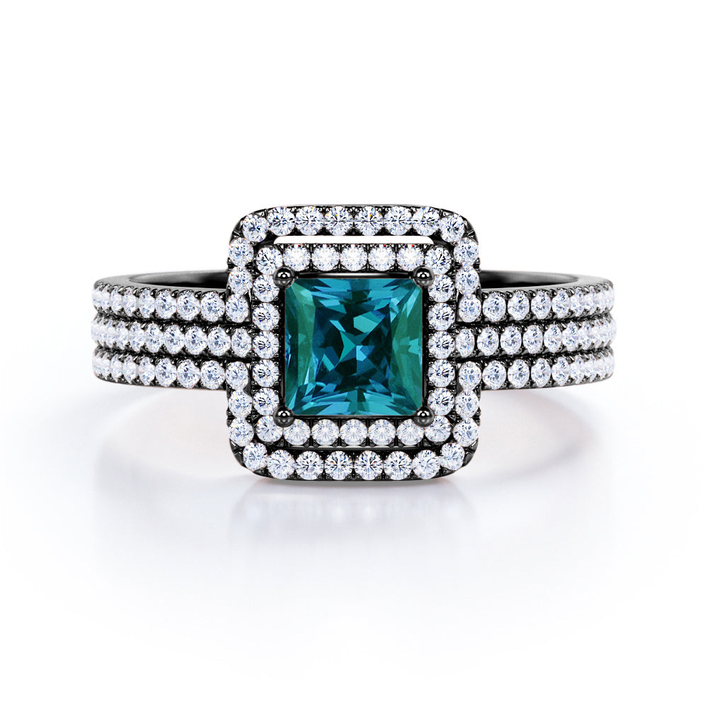 Elegant Eternity 1.75 carat Princess cut Lab created Alexandrite and diamond trio wedding ring set for women in White gold