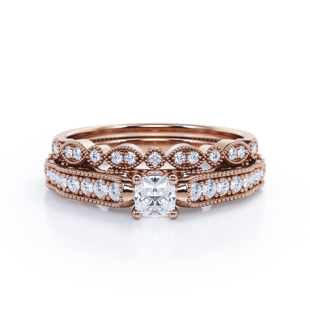Vintage channel set 1.25 carat Round cut Moissanite and diamond art deco milgrain wedding ring set in white gold