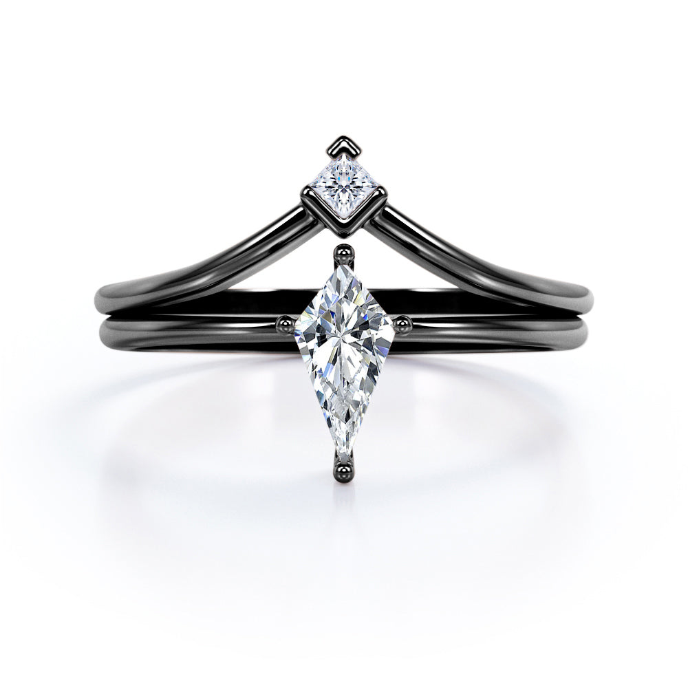 2 stone Chevron 0.55 carat Kite shaped Moissanite and diamond minimalist wedding ring set in Rose gold