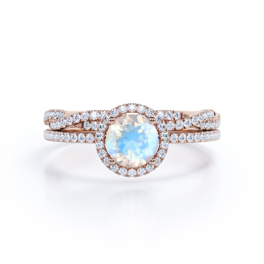 Unique Halo 1.7 carat Round cut Moonstone and diamond Vintage art deco Bridal set for her