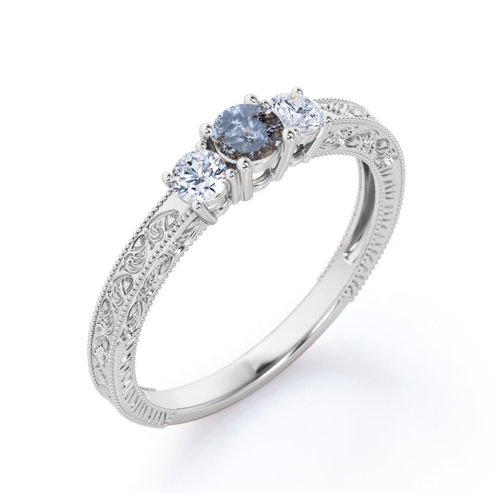Three stone 0.5 carat Round cut Salt and pepper diamond and White diamond Filigree Milgrain Engagement ring in White gold