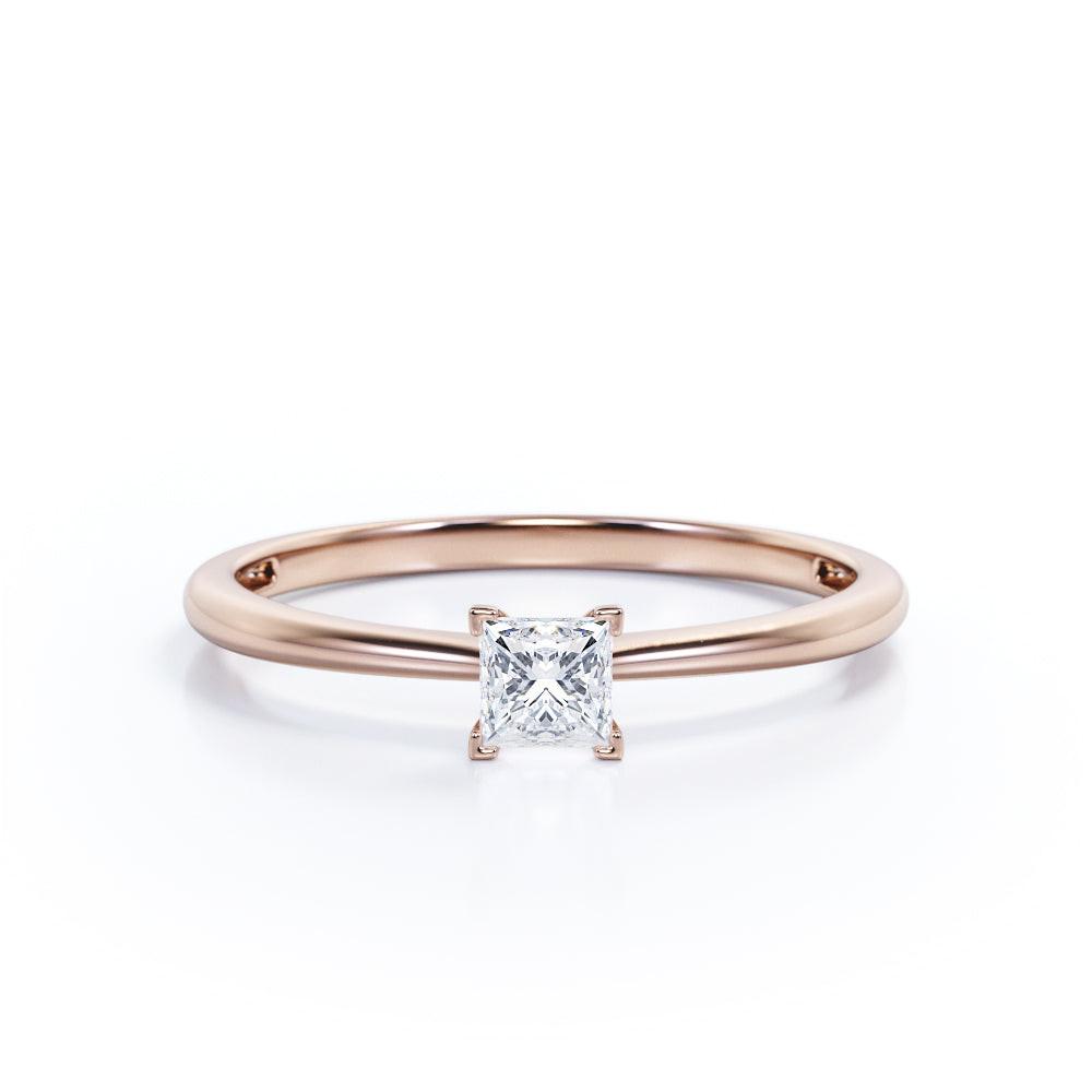 Elegant Solitaire 0.5 carat Princess cut Moissanite-cathedral setting-tapered shank engagement ring in White gold