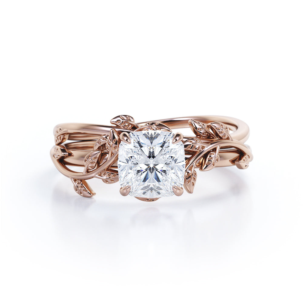 Twist Branch design 1 carat cushion cut Moissanite leaf wedding ring set in White gold