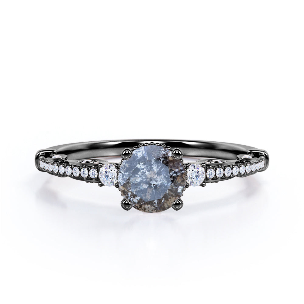 0.8 carat Round cut Salt and pepper diamond and White diamond-art deco-pave set engagement ring in White gold