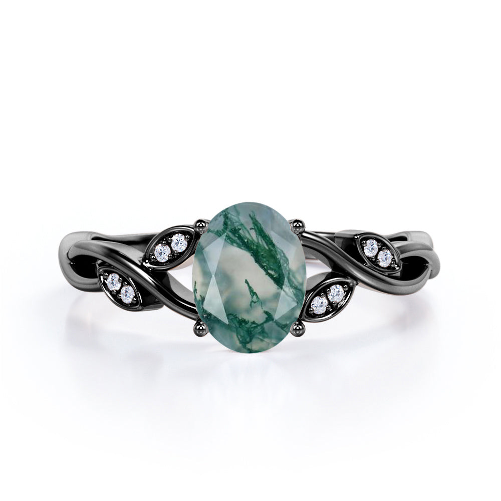 Floral Infinity 1.15 carat Oval cut Moss Green Agate and diamond vine and leaf engagement ring in White gold