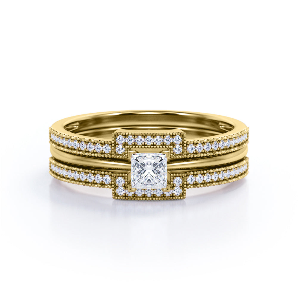 Authentic 1 carat Princess cut Moissanite and diamond halo inspired trio wedding ring set for women in rose gold