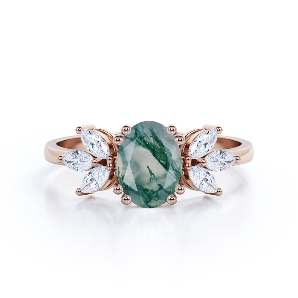 Double prong style 1.15 carat Oval cut Moss Green Agate and diamond seven stone engagement ring in yellow gold