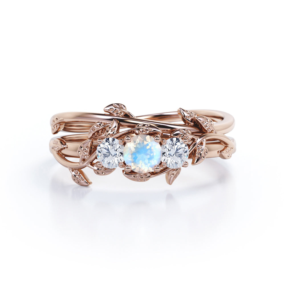 Nature inspired Round cut 0.65 carat Moonstone and diamond Trio stone Bridal ring set for women in gold