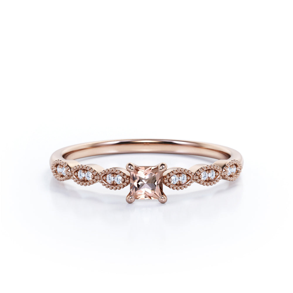 Antique beaded 0.75 carat Princess cut Morganite and diamond claw prong engagement ring in Yellow gold