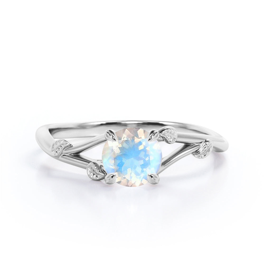 Vine Split Shank 1 carat Round cut Rainbow Moonstone nature inspired engagement ring in Black gold