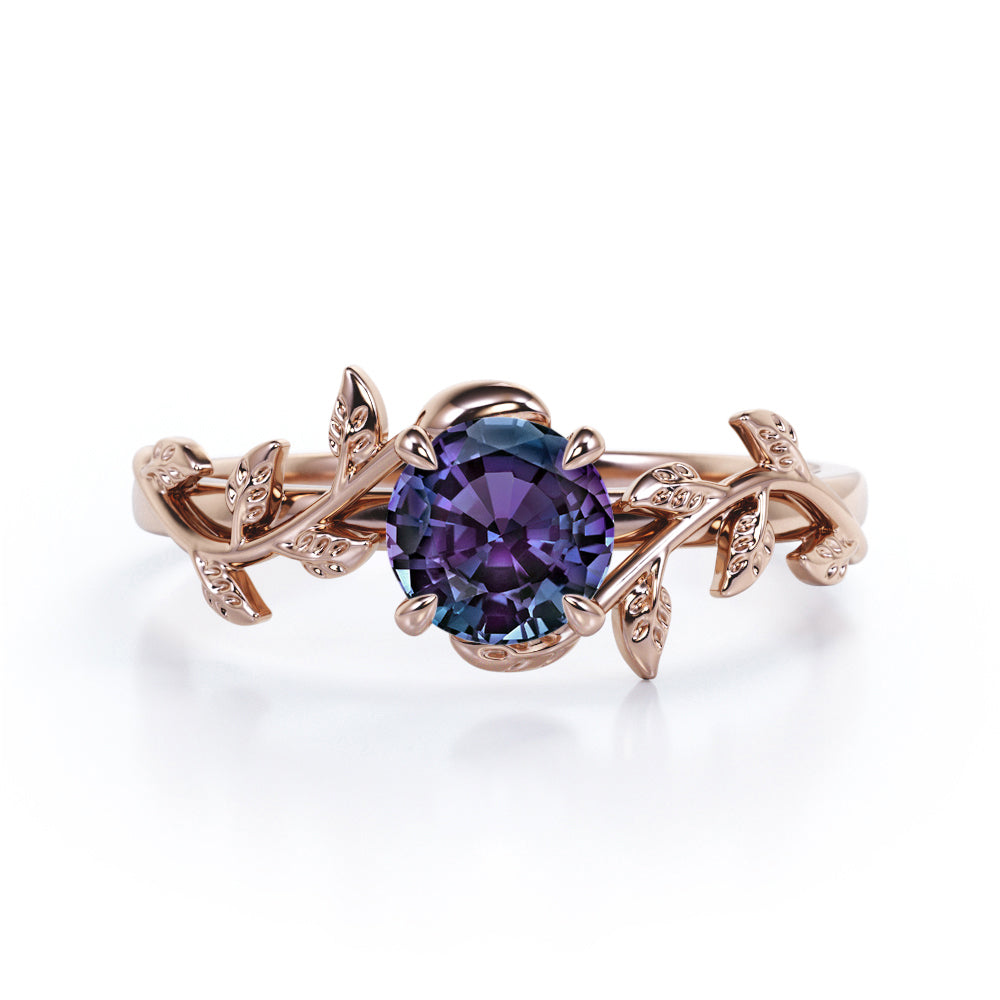 Floral Vine 1 carat Round cut Alexandrite Solitaire engagement ring for women in Rose gold