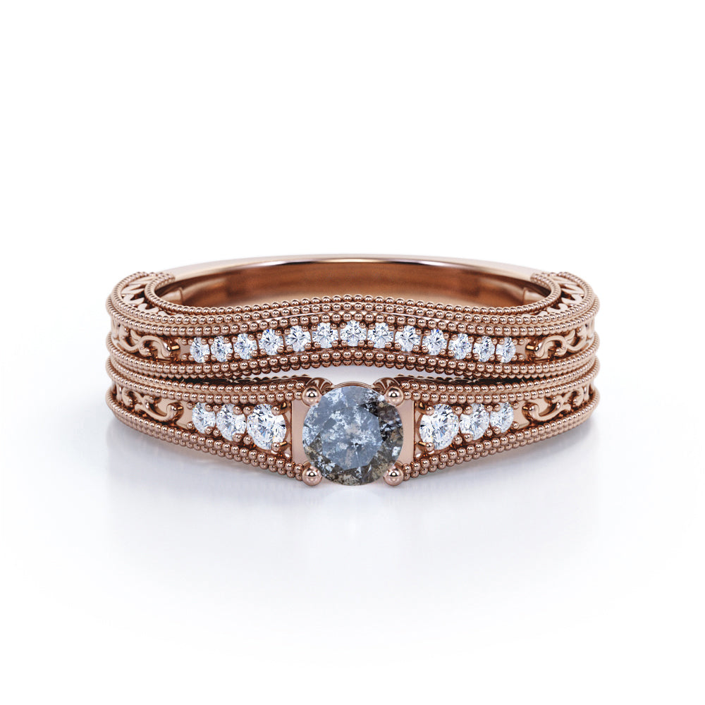 Contoured filigree 0.8 carat Round cut Salt and pepper diamond and White diamond vintage chevron wedding ring set in white gold
