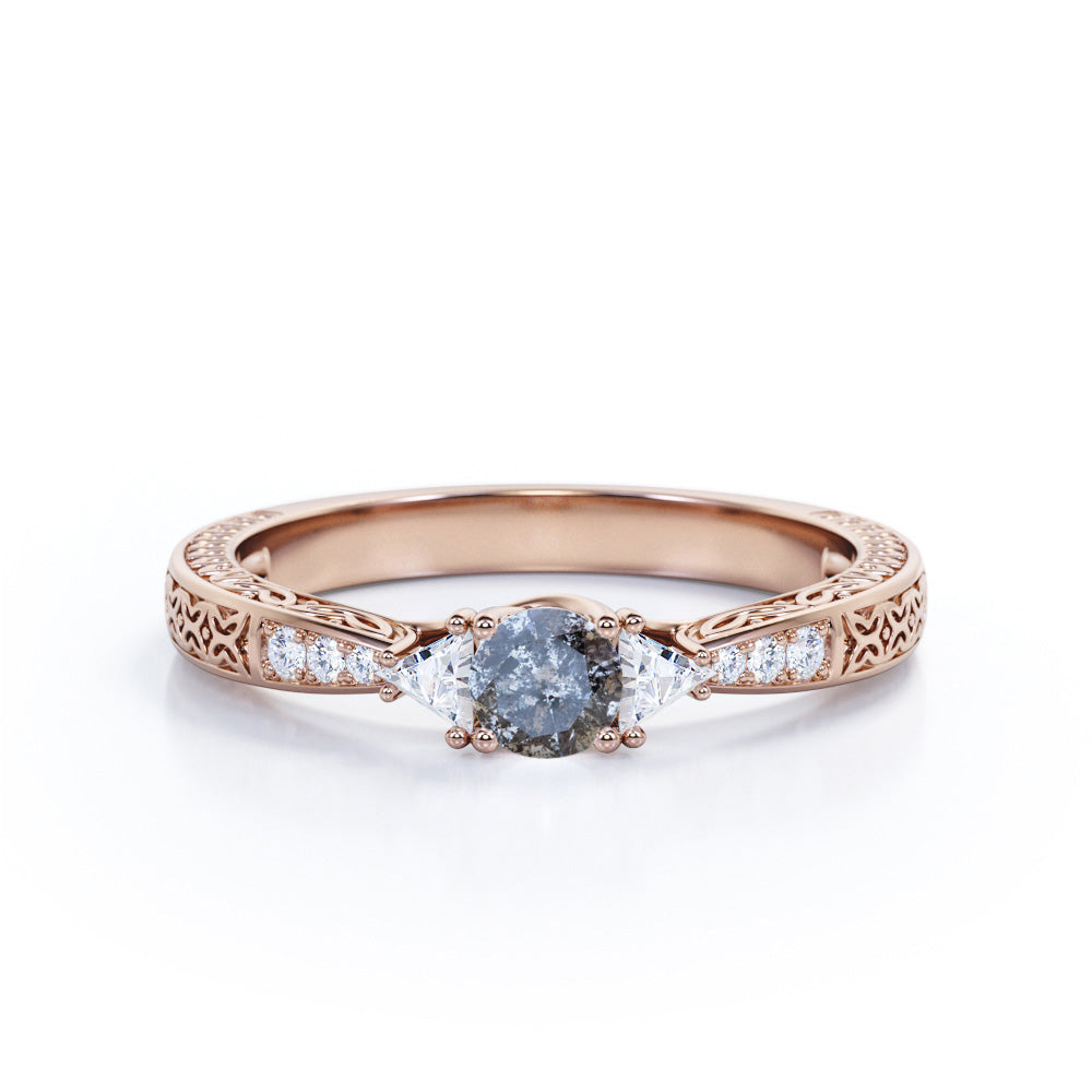 Past, Present, Future 0.6 carat Round cut Salt and pepper diamond vintage trillion engagement ring in White gold